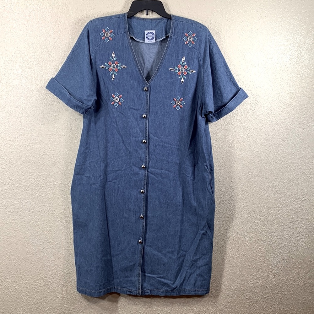 Bingo Bingo Denim Jean Dress 1X Blue Beaded Floral Embellishments Front Buttons